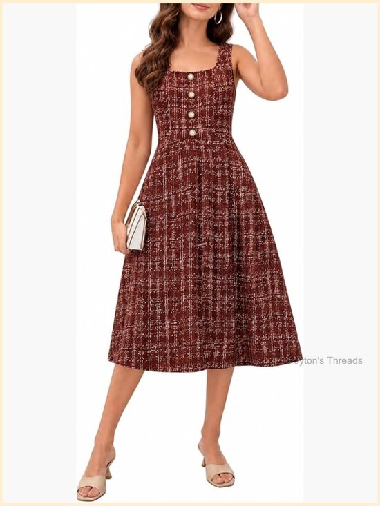 Dresses & Skirts - Sleeveless Midi Gingham Dress Square Neck A-Line Flowy Cottagecore